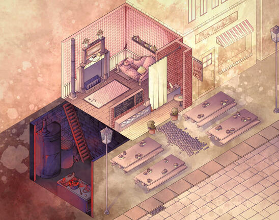 Illustration in iosmetric perspective of Mrs. Lovett's Pie Shop from Sweeney Todd: The Demon Barber of Fleet Street.