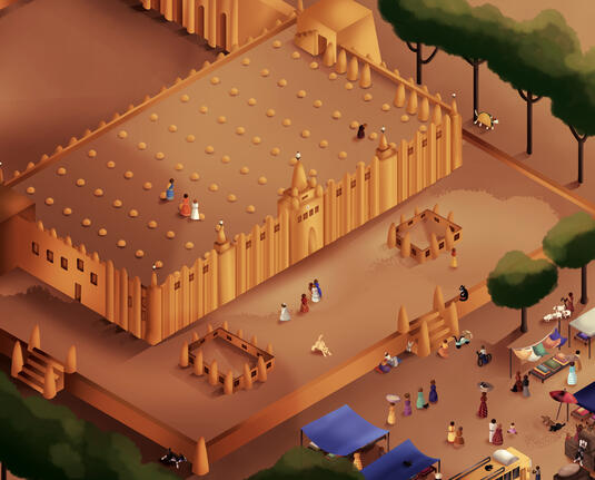 Isometric perspective illustration of the Great Mosque of Djenné in Mali.