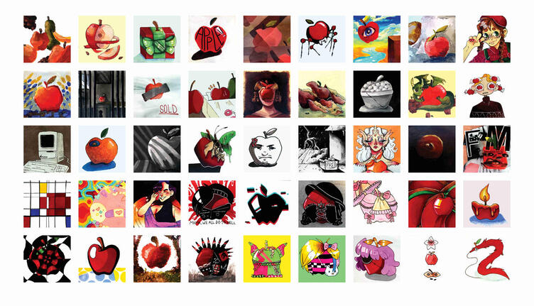 Illustration of 45 apples based on different prompts. Contains most traditional 2D mediums. Each apple is 3x3 inches.