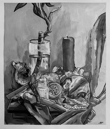 Black and white still life. Acrylic on paper.