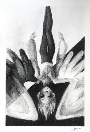 Personal illustration of an original character. Wax crayon.